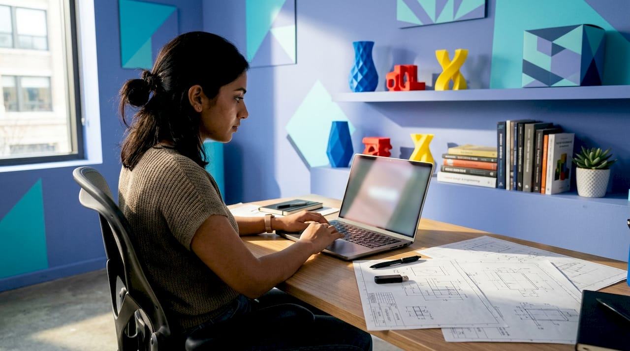 Woman typing custom 3D print quote request email