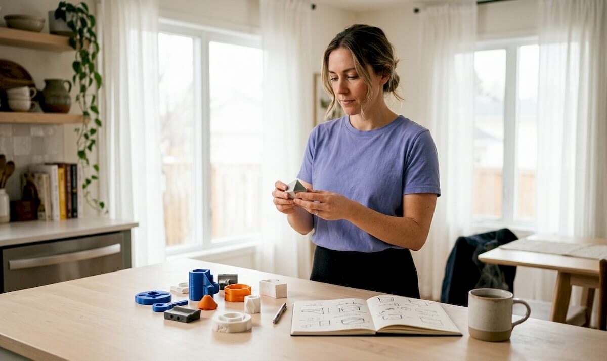 Product designer reviewing 3D printed parts samples