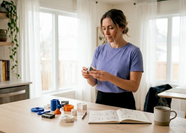 Product designer reviewing 3D printed parts samples