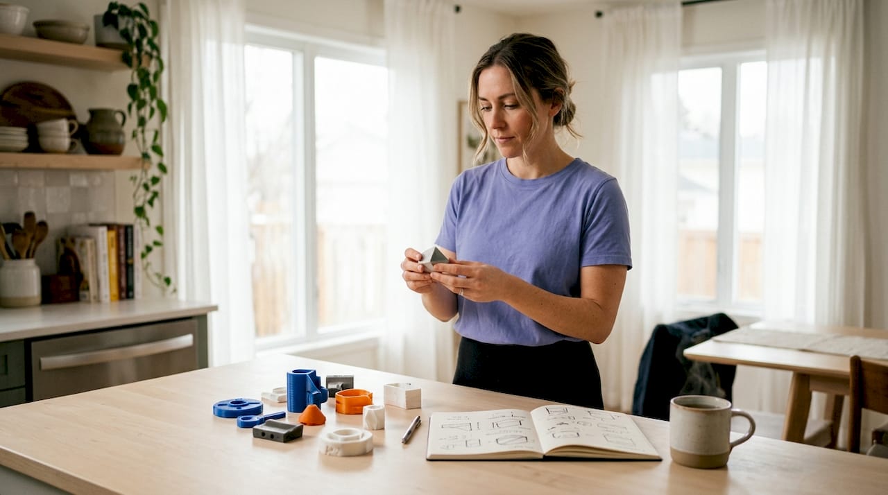 Product designer reviewing 3D printed parts samples