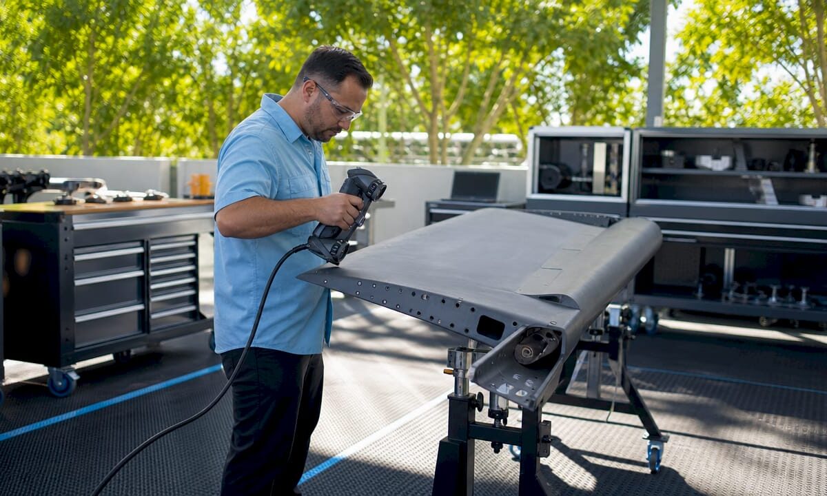 Technician 3D scanning aircraft part in workshop