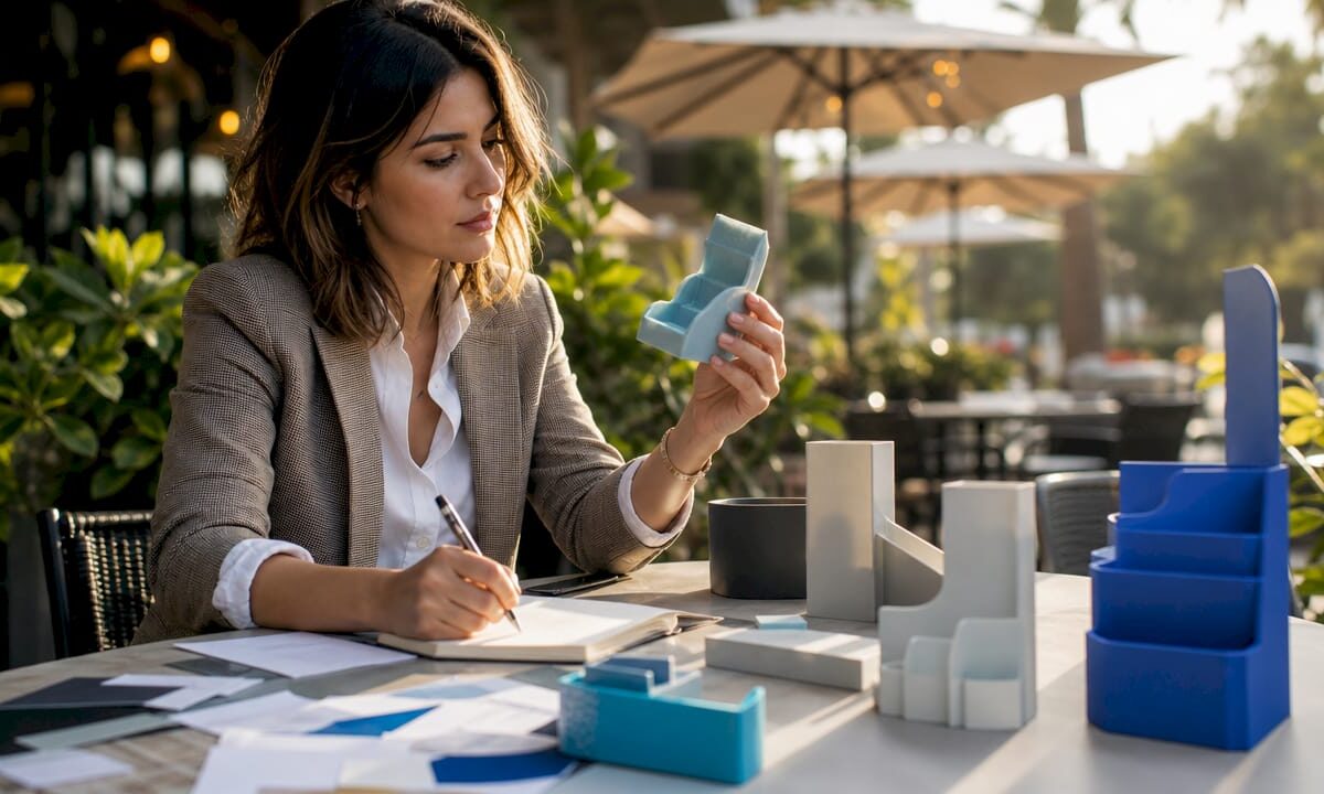Marketing professional reviewing 3D printed retail displays