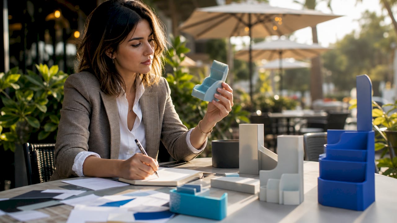 Marketing professional reviewing 3D printed retail displays