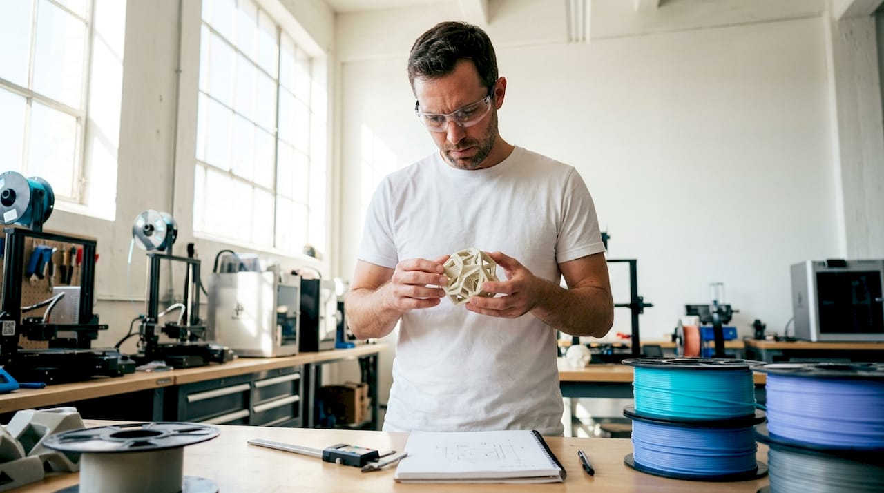 Engineer examining 3D printing model on laptop
