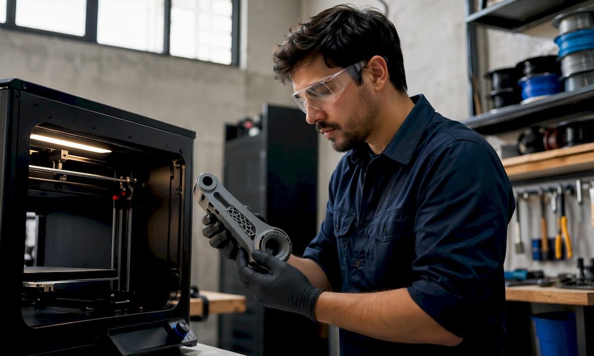 Technician removing 3D printed robot arm part
