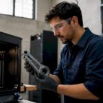Technician removing 3D printed robot arm part