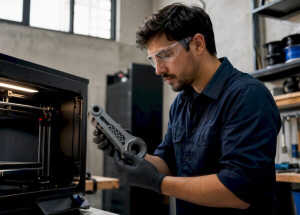 Technician removing 3D printed robot arm part