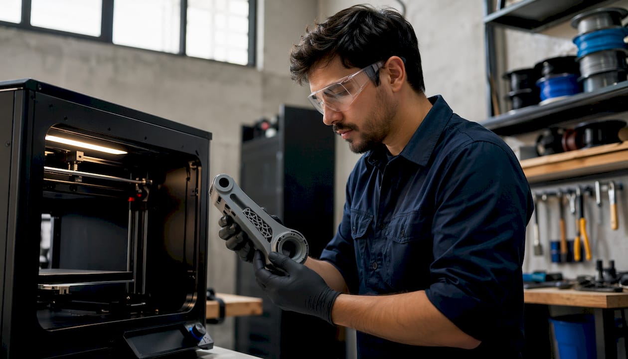 Technician removing 3D printed robot arm part