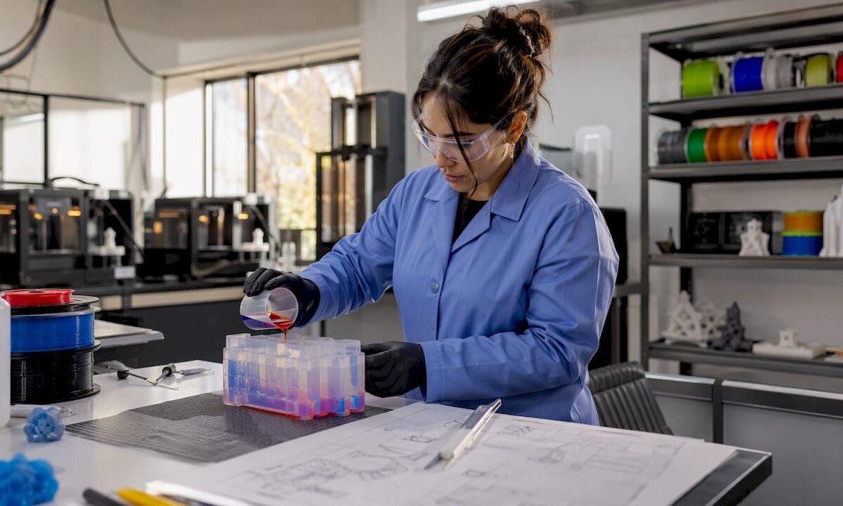 Technician inspecting 3D-printed polymer prototype
