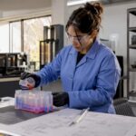 Technician inspecting 3D-printed polymer prototype