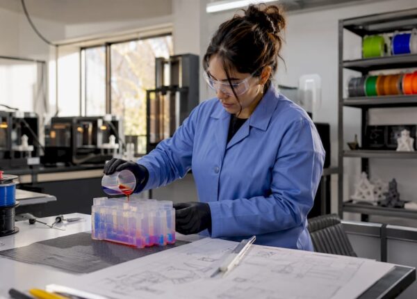 Technician inspecting 3D-printed polymer prototype