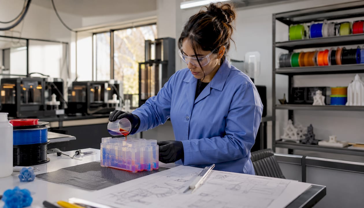 Technician inspecting 3D-printed polymer prototype
