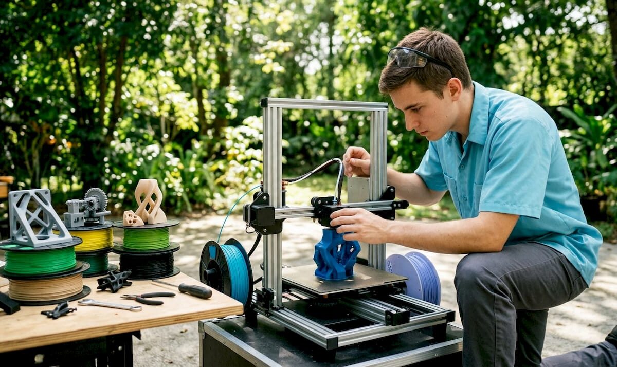Technician inspecting 3D printer in workshop