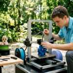 Technician inspecting 3D printer in workshop