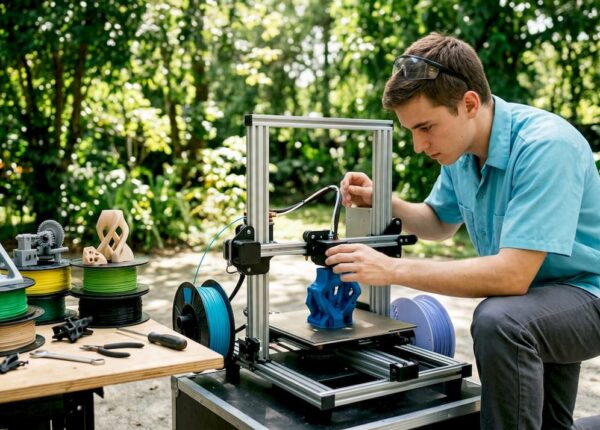 Technician inspecting 3D printer in workshop