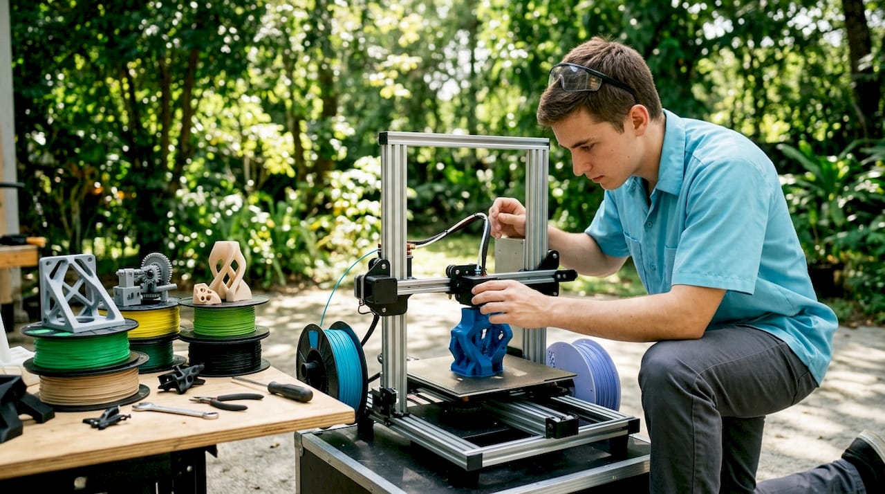 Technician inspecting 3D printer in workshop