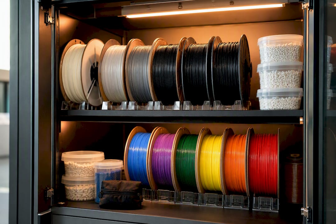 Filament spools stored in a dry cabinet