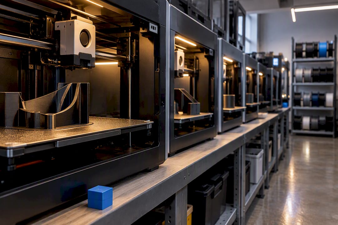 FDM printers producing parts in a print farm