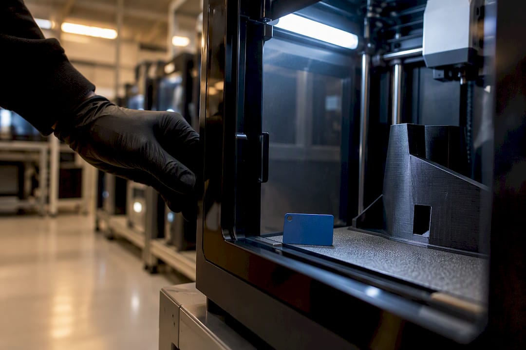 Secure FDM printer producing controlled test part