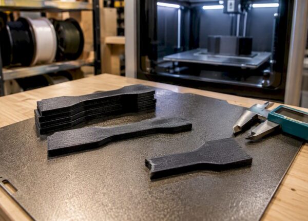 Carbon fiber nylon test coupons on build plate