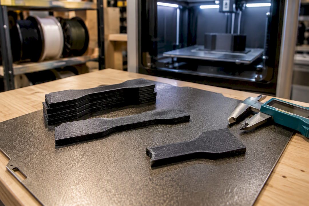 Carbon fiber nylon test coupons on build plate