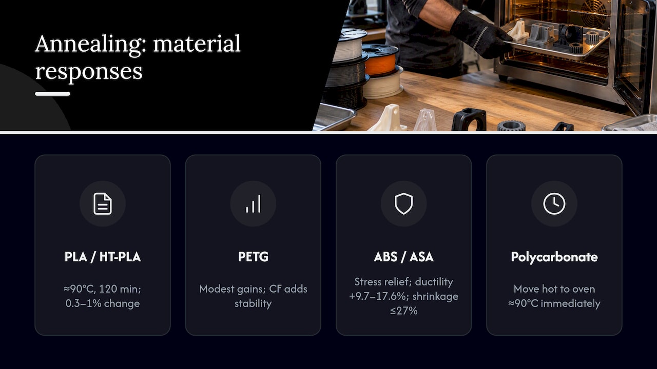 PLA, PETG, ABS, PC, and nylon respond very differently to heat — overview diagram