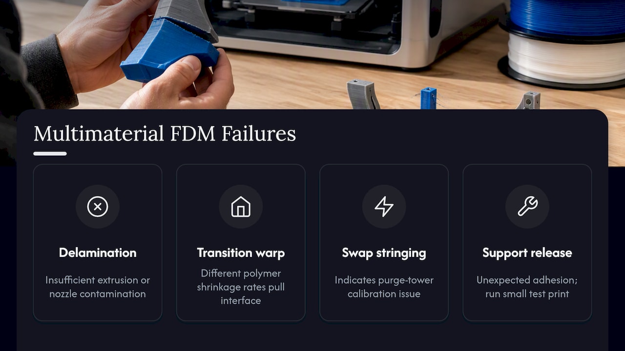 Five multimaterial FDM failure modes