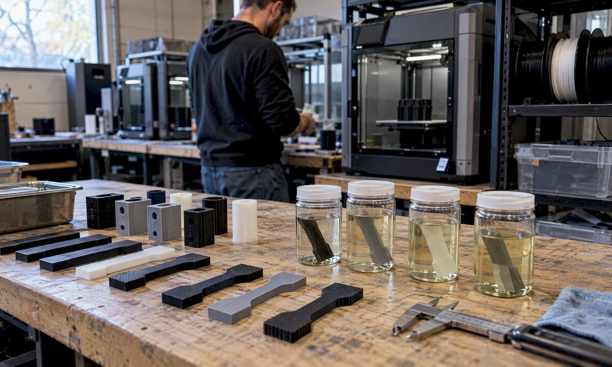 Printed test specimens beside fuel soak containers