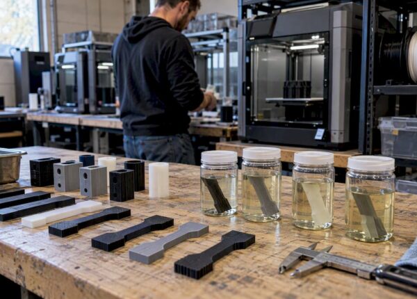 Printed test specimens beside fuel soak containers