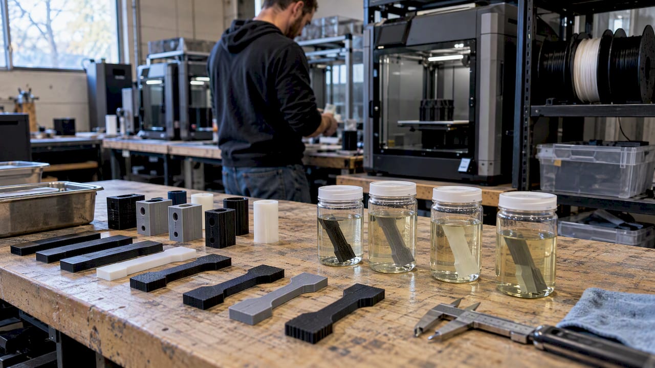 Printed test specimens beside fuel soak containers