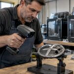 Technician scanning damaged automotive emblem