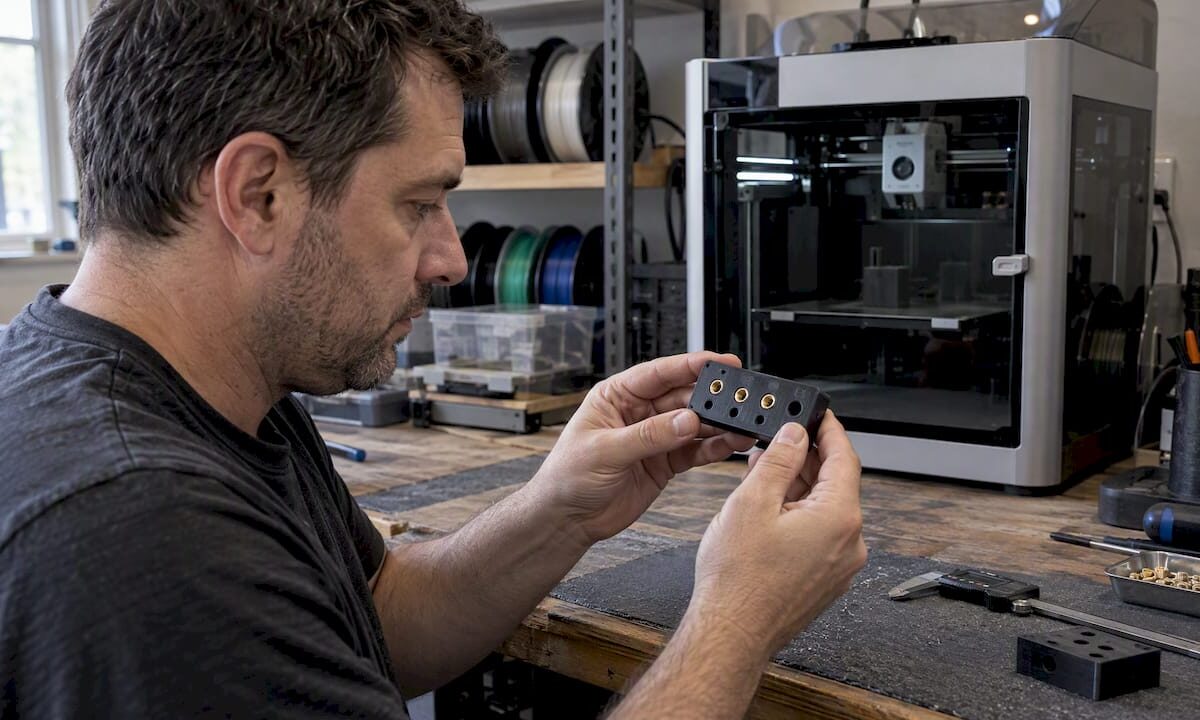 Technician checking threaded inserts in test coupon