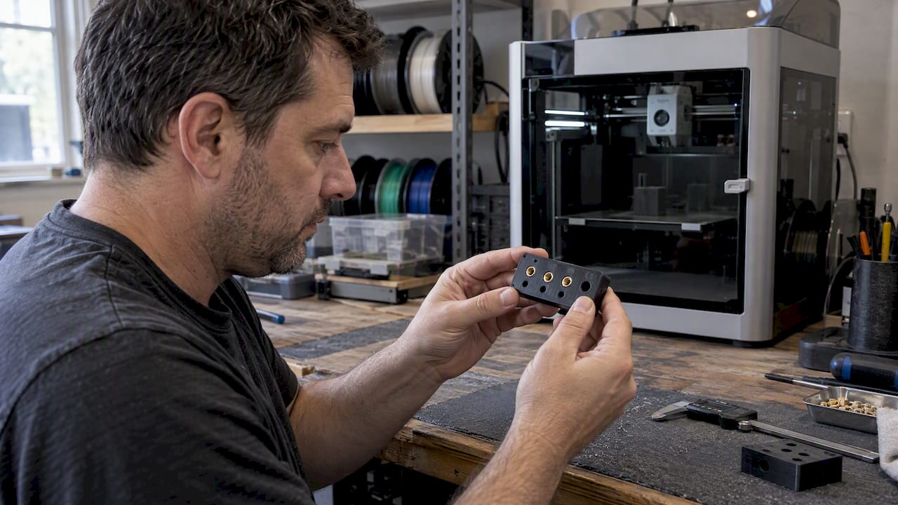 Technician checking threaded inserts in test coupon