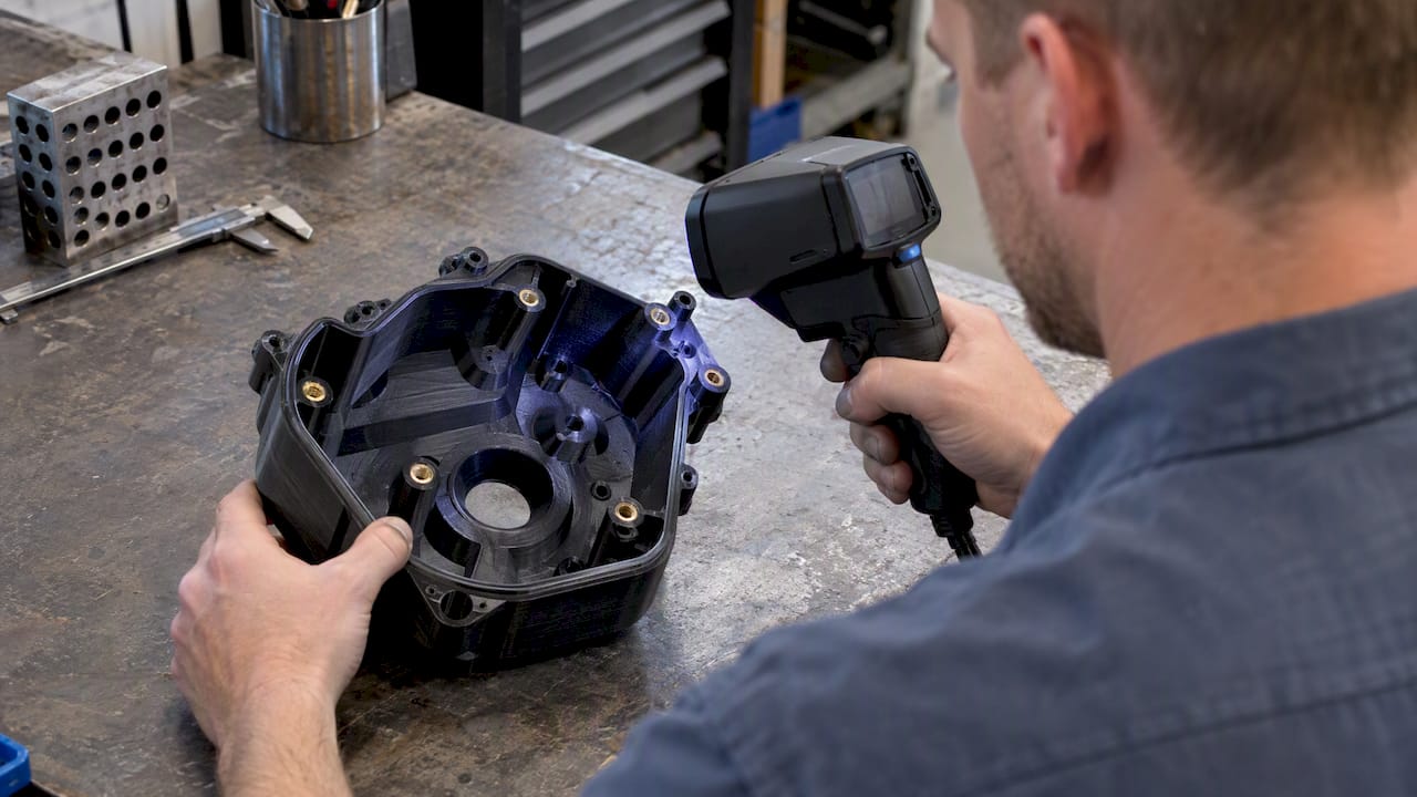 Handheld scanner inspecting inserts on printed housing