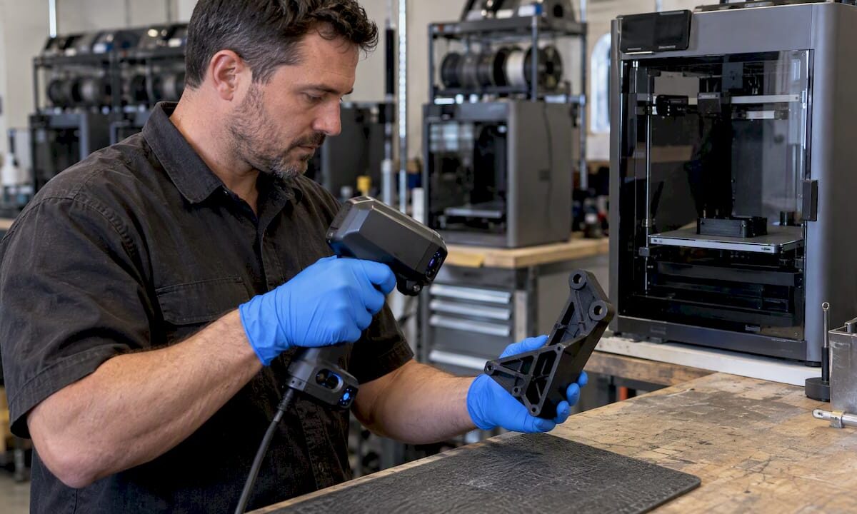 Technician scans an FDM printed bracket