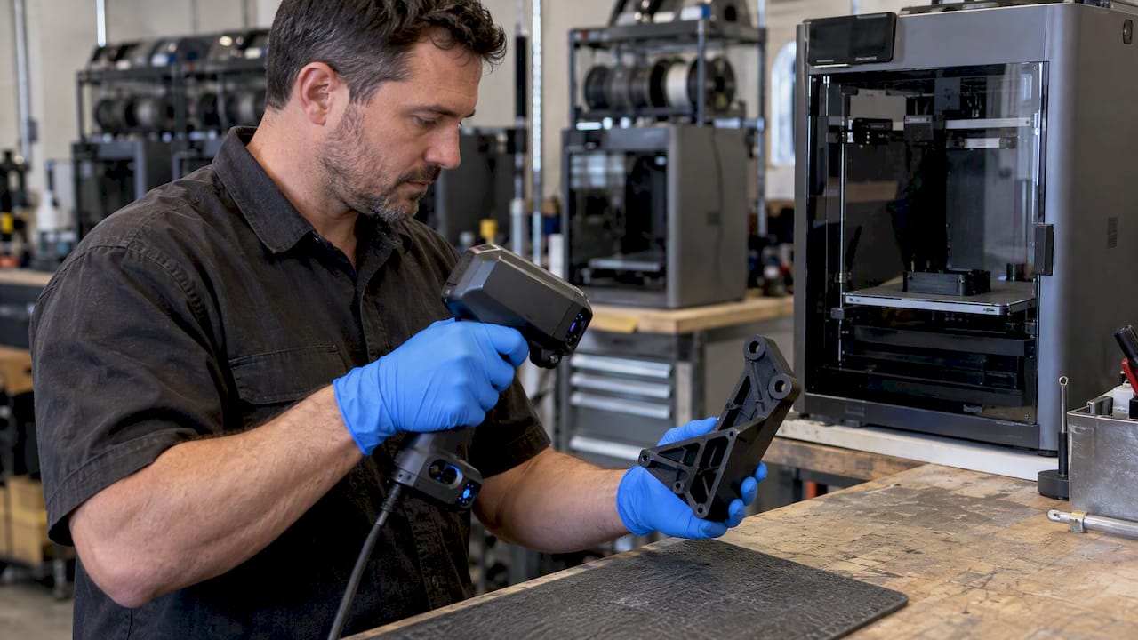 Technician scans an FDM printed bracket