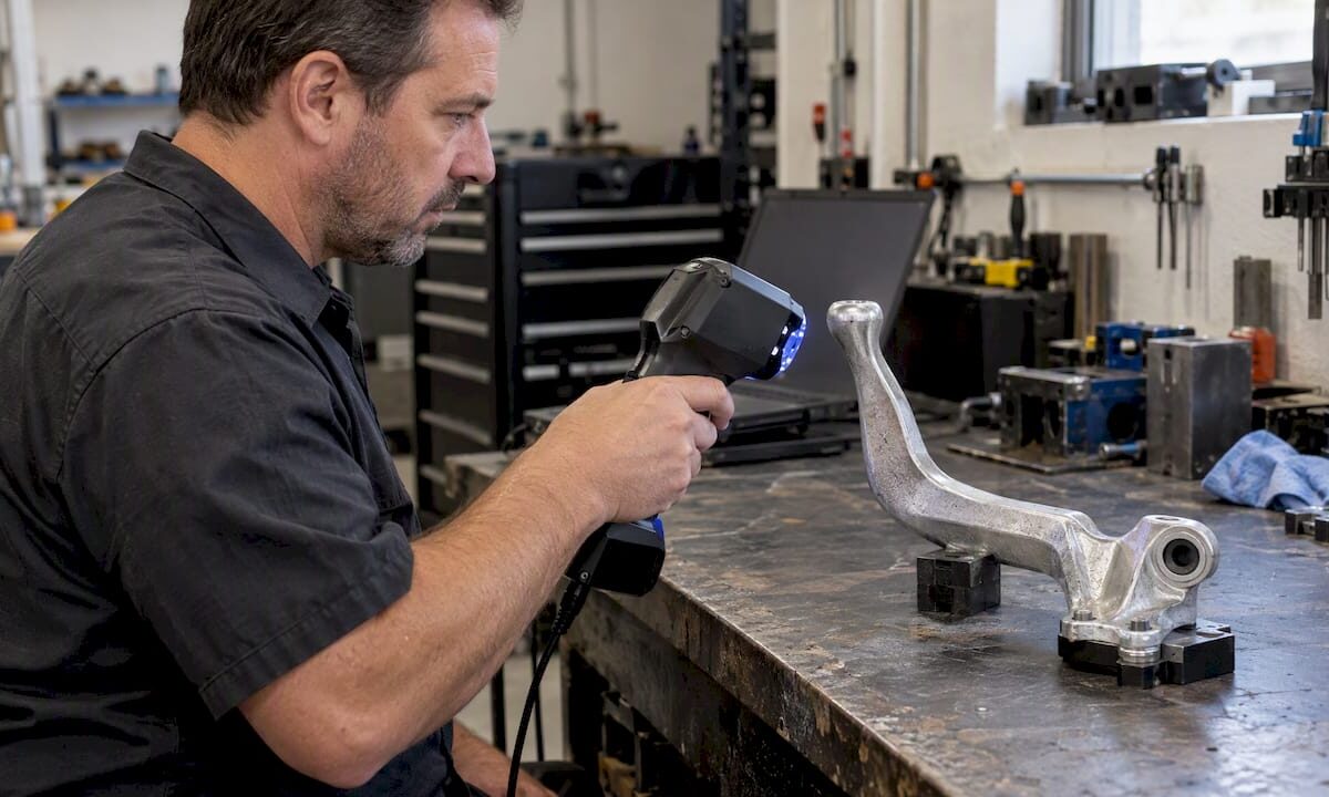 Technician scanning a cast-aluminum automotive shift lever