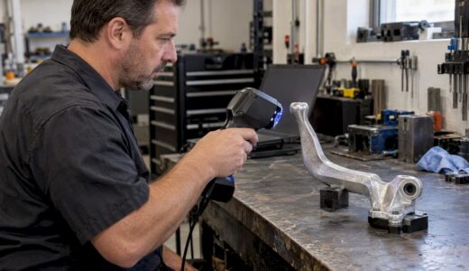 Technician scanning a cast-aluminum automotive shift lever