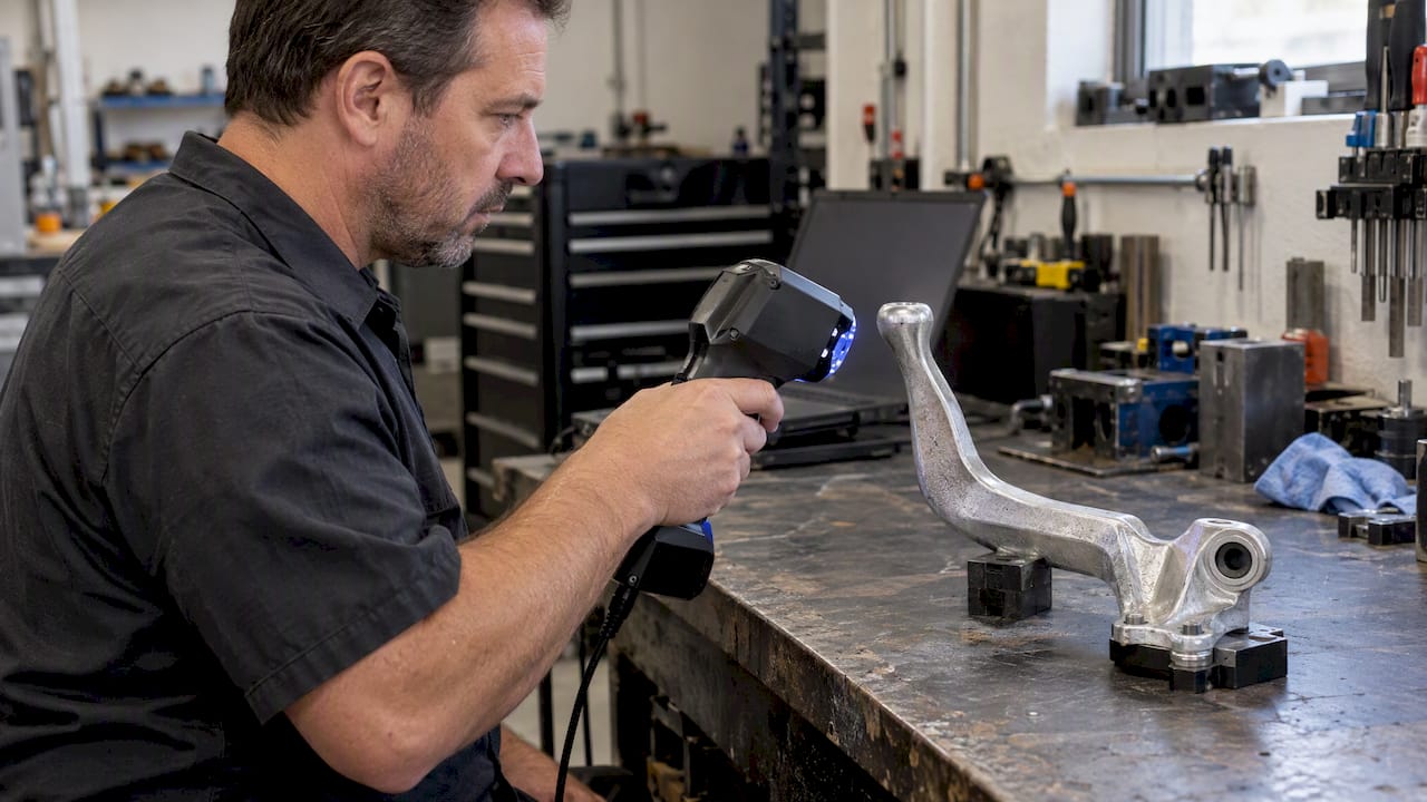 Technician scanning a cast-aluminum automotive shift lever