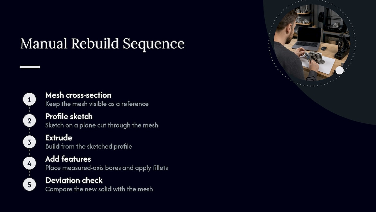 Mesh-to-CAD rebuild steps and deviation check
