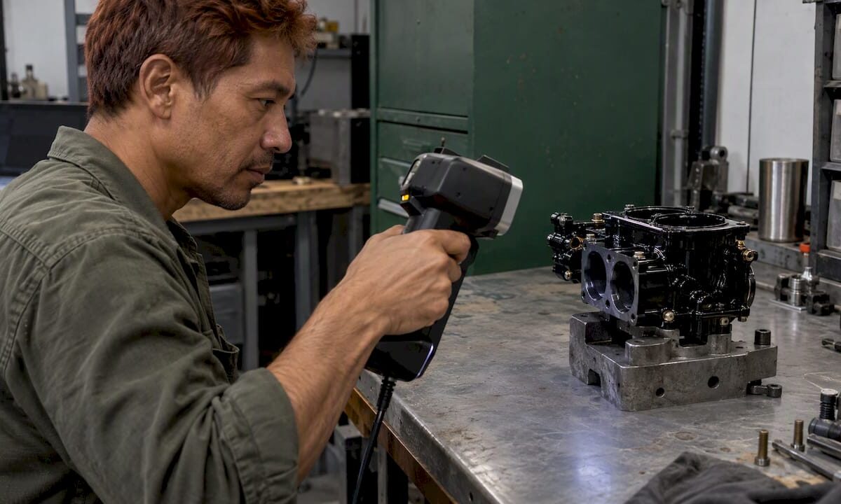 Technician scanning a polished black carburetor body