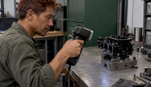 Technician scanning a polished black carburetor body
