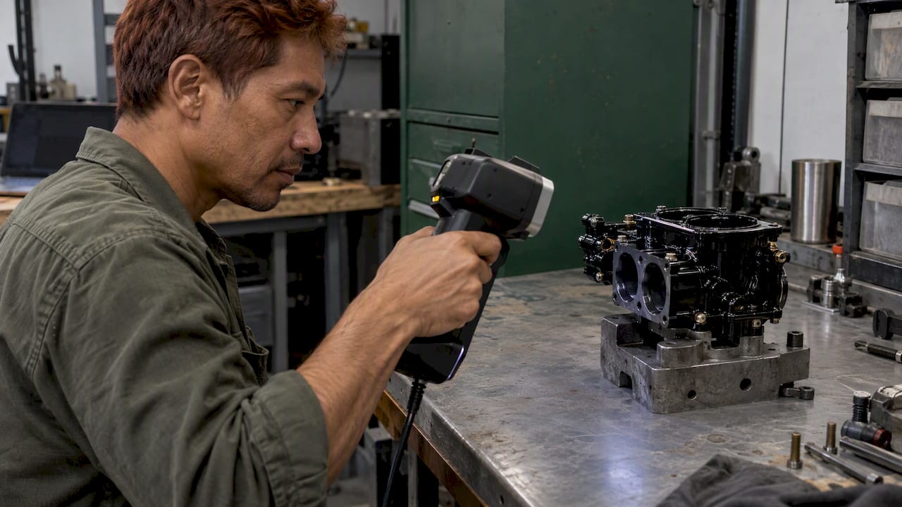 Technician scanning a polished black carburetor body